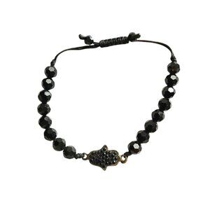 WOMENS BLACK BEADS WITH HAND CHARM WRIST BRACELET